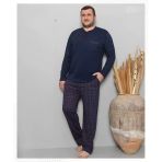 Pijamoni Erkek Battal Düğme Yaka Penye Uzun Kol Pijama Takımı 6720/8 - 1 Adet - Lacivert - 3XL