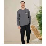 Pijamoni Erkek Pamuklu Bisiklet Yaka Uzun Kol İnce Pijama Takımı 6150/10 - 1 Adet L Füme