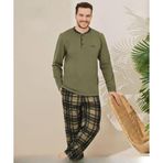 Pijamoni Erkek Pamuklu Düğme Yaka Uzun Kol İnce Pijama Takımı 100/11 - 1 Adet Haki-L