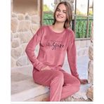 Pijamoni Kadın Kışlık Bisiklet Yaka Likralı Kadife Pijama Takımı 4200/10 - 1 Adet Gül Kurusu-XL