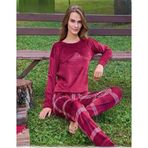 Pijamoni Kadın Kışlık Bisiklet Yaka Likralı Kadife Pijama Takımı 4210/2- 1 Adet Bordo-XL