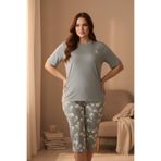 PİJAPİA Kadın Kısa Kollu Likralı Büyük Beden Kapri Pijama Takımı Açık Yeşil