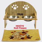 Pikas 8 mm 2 Kaseli Pati Desenli Kedi Köpek Mama ve Su Kabı ve Oval Paspas