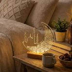 PIKAS Ramazan Temalı Pleksi LED Masa Lambası, Şarjlı Ahşap Tabanlı Dekoratif Gece Aydınlatması