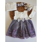 Pileki Baby Kız Bebek 0-6 Ay Gelinlik Elbise 5 Li Mevlütlük Set Dantelli Elbise - Beyaz - Mor - 0 - 6 Ay