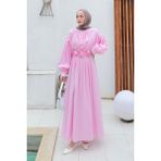 Pileli Poplin Elbise Şeker Pembesi - L - XL