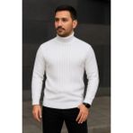 Pileli Store Balıkcı Yaka Bağazlı Triko Kazak Pamuklu- Beyaz - Saks Mavisi - Beyaz