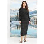 Pileli Store Desenli Uzun Kollu Elbise - Siyah