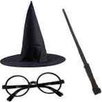 Pileli Store Harry Potter Siyah Şapkası Harry Potter Gözlüğü Harry Potter Asası 3 Lü Set