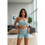 Pileli Store Kadın Açık Mavi Kaşkorse Şortlu Crop Atlet Takım Esnek Kumaş Yüksek Bel - S - M