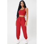 Pileli Store Kadın Kırmızı Kaşkorse Cepli Jogger Eşofman Altı ve Crop Top Bluz