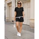Pileli Store Kadın Kısa Kollu Bisiklet Yaka Viskon Iki Iplik Kumaş Bluz ve Şort Ikili Takım - Siyah - 2XL - 3XL