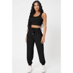 Pileli Store Kadın Siyah Kaşkorse Cepli Jogger Eşofman Altı ve Crop Top Bluz - S - M