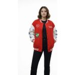 Pileli Store Kırmızı Varsity Çıtçıtlı Baskılı Oversize Kalıp Kolej Ceket - Kırmızı - XL - --