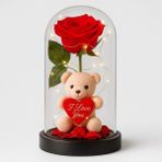 Pileli Store LED Işıklı Mika Fanus Içinde Gül ve Lüx Peluş Ayıcık – 20 cm Sevgiliye Hediye - standart - Renkli