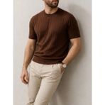 Pileli Store Pilelistore- Erkek Yazlık Triko Dokuma Tişört Kısa Kol Bisiklet Yaka Örgü Desenli T-Shirt - Kahverengi