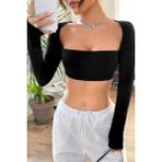 Pileli Store Pilelistore Siyah Uzun Kol Göğüs ve Sırt Dekolteli Crop Top Bluz - S - M