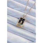 Pilelistore 316L Çelik Zincir Altın Renk Zirkon Taşlı Siyah Mineli Kız Figürlü Tarot Kolye - Tj-Bko9227