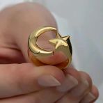 Pilelistore 925 Ayar Gümüş Gold Ay Yıldız Kadın Yüzük