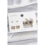 Pilelistore Pirinç Gold Renk Burgu Halka Model Zirkon Taşlı Kare Detay 3 Çift Kadın Küpe Seti - Tj-Bkp10623