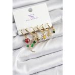 pilelistore Pirinç Zİrkon Taşlı Gül Ve Papatya Model Gold Renk 3'lü Çift Kadın Küpe - TJ-BKP10957