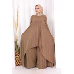 Pilise Detaylı Uzun Tunik Ve Pantolon İkili Takım 8575 Taba