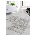Pilloveland Kaymaz Taban Yıkanabilir 2’li Banyo Paspası - Gri Farmhouse Desenli 60*100 Cm - 50*60 Cm