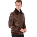 Pilot mont yakası çıkartılabilir kürklü hakiki deri (Kahverengi, 3XL)