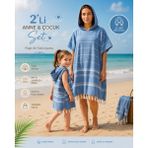 Pınars Anne Çocuk 2li Set Bornoz Panço %100 Pamuk Plaj Havlusu Peştemal Mavi (Anne L/xl)