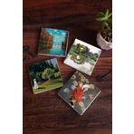 Pinecone 4 Parça Set 10x10 cm Stone Coasters Claude Monet Sonbahar Japon Kostümü Gül Çiçekli Kemer Bahçedeki Kadın Taş Masaüstü Koruyucu Altlık