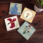 Pinecone 4 Parça Set 10x10 cm Stone Coasters Ebru Sanatı Lale Tavus Kuşu Taş Masaüstü Koruyucu Altlık