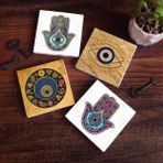 Pinecone 4 Parça Set 10x10 cm Stone Coasters Fatma Ana Eli (Hamsa) Nazar Taş Masaüstü Koruyucu Altlık
