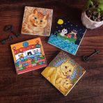 Pinecone 4 Parça Set 10X10 cm Stone Coasters Kedi Taş Bardak Altlığı Masaüstü Koruyucu Altlık