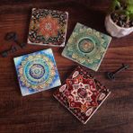 Pinecone 4 Parça Set 10X10 cm Stone Coasters Mandala Desen Taş Bardak Altlığı Masaüstü Koruyucu Altlık