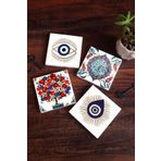 Pinecone 4 Parça Set 10x10 cm Stone Coasters Nazar Çini Sanatı Nar Ağacı Taş Masaüstü Koruyucu Altlık