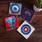 Pinecone 4 Parça Set 10x10 cm Stone Coasters Nazar Hayat Ağacı Fil Taş Bardak Altlığı Masaüstü Koruyucu Altlık