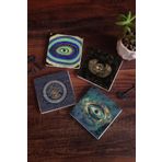Pinecone 4 Parça Set 10x10 cm Stone Coasters Nazar Horus'un Gözü Sri Yantra Taş Bardak Altlığı Masaüstü Koruyucu Altlık