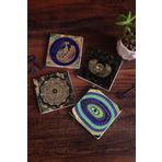 Pinecone 4 Parça Set 10x10 cm Stone Coasters Nazar Horus'un Gözü Sri Yantra Tavuş Kuşu Taş Bardak Altlığı Masaüstü Koruyucu Altlık