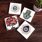 Pinecone 4 Parça Set 10x10 cm Stone Coasters Nazar Nar Ağacı Fatma Ana Eli (Hamsa) Taş Masaüstü Koruyucu Altlık