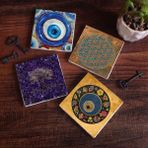 Pinecone 4 Parça Set 10x10 cm Stone Coasters Nazar Yaşam Çiçeği Hayat Ağacı Taş Bardak Altlığı Masaüstü Koruyucu Altlık