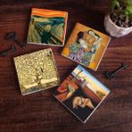 Pinecone 4 Parça Set 10x10 cm Stone Coasters Salvador Dalí Belleğin Azmi Çığlık Gustav Klimt Aile Kucaklama Hayat Ağacı Taş Bardak Altlığı Masaüstü Koruyucu Altlık