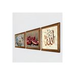 Pinecone Allah Lafzı, Kelebekli Çiçek, Nar Taş Duvar Tablosu - Ahşap Çerçeveli Taş Tablo - 25x25 cm - 3 Parça Set - Dekoratif Duvar Sanatı - Modern Ev ve Ofis Duvar Dekoru W3-1152