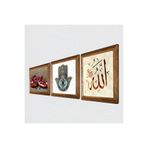 Pinecone Allah Lafzı, Nar, Fatma Ana Eli (Hamsa) Taş Duvar Tablosu - Ahşap Çerçeveli Taş Tablo - 25x25 cm - 3 Parça Set - Dekoratif Duvar Sanatı - Modern Ev ve Ofis Duvar Dekoru W3-732