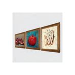 Pinecone Allah Lafzı, Nar Taş Duvar Tablosu - Ahşap Çerçeveli Taş Tablo - 25x25 cm - 3 Parça Set - Dekoratif Duvar Sanatı - Modern Ev ve Ofis Duvar Dekoru W3-808