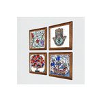 Pinecone Çini Sanatı Yelkenli Gemi, Lale, Nar Ağacı, Fatma Ana Eli (Hamsa) Taş Duvar Tablosu - Ahşap Çerçeveli Taş Tablo - 25x25 cm - 4 Parça Set - Dekoratif Duvar Sanatı - Ev Duvar Dekoru W4-960