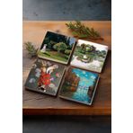 Pinecone Claude Monet Sonbahar, Japon Kostümü, Gül Çiçekli Kemer, Bahçedeki Kadın Taş Bardak Altlığı 4'lü Set
