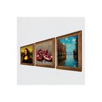 Pinecone Claude Monet Sonbahar, Leonardo da Vinci Mona Lisa, Nar Taş Duvar Tablosu - Ahşap Çerçeveli Taş Tablo - 25x25 cm - 3 Parça Set - Dekoratif Duvar Sanatı - Modern Ev Duvar Dekoru W3-1445