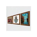 Pinecone Claude Monet Sonbahar, Nar, Fatma Ana Eli (Hamsa) Taş Duvar Tablosu - Ahşap Çerçeveli Taş Tablo - 25x25 cm - 3 Parça Set - Dekoratif Duvar Sanatı - Modern Ev ve Ofis Duvar Dekoru W3-765