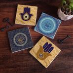 Pinecone Fatma Ana Eli (Hamsa), Nazar Ağaç Taş Bardak Altlığı Masaüstü Koruyucu Altlık 4 Parça Set 10x10cm Stone Coasters SC316