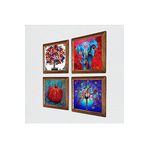 Pinecone Fil, Hayat Ağacı, Nar Ağacı, Nar Taş Duvar Tablosu - Ahşap Çerçeveli Taş Tablo - 25x25 cm - 4 Parça Set - Dekoratif Duvar Sanatı - Modern Ev ve Ofis Duvar Dekoru W4-878